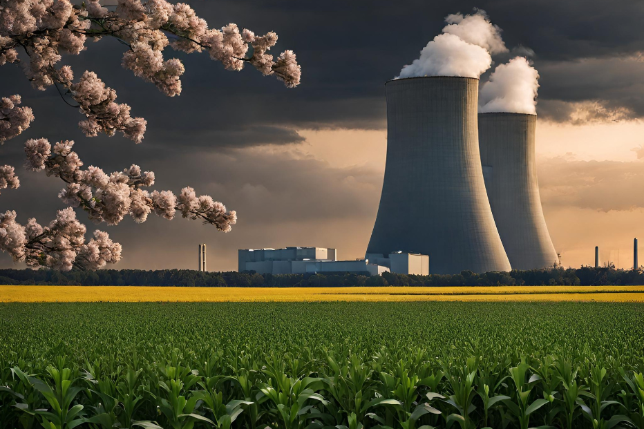 cheminées de centrales nucléaires au milieu d'un champ de colza